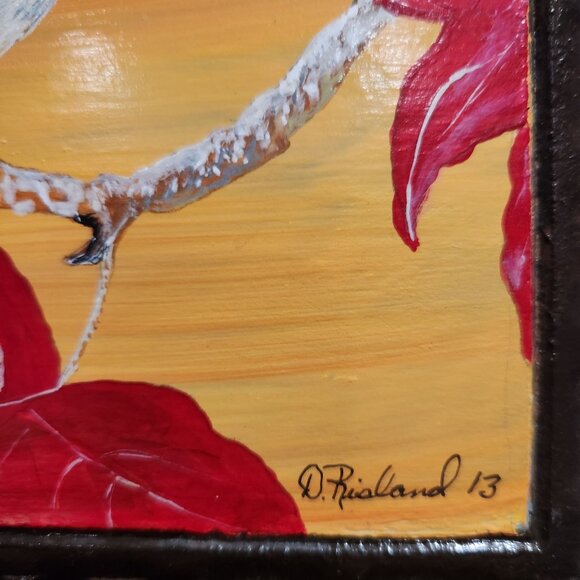 Hand-Painted Bird & Autumn Leaves Artwork In Black Lattice Frame By D. Risland - Picture 3 of 3
